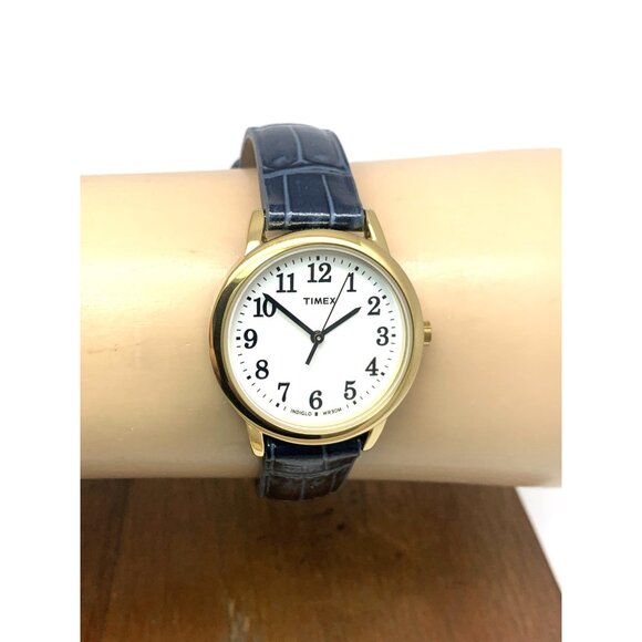 Timex Women's Watch T2N954 Quartz White Dial Blue Leather Strap 30mm Gold Case - Picture 12 of 15